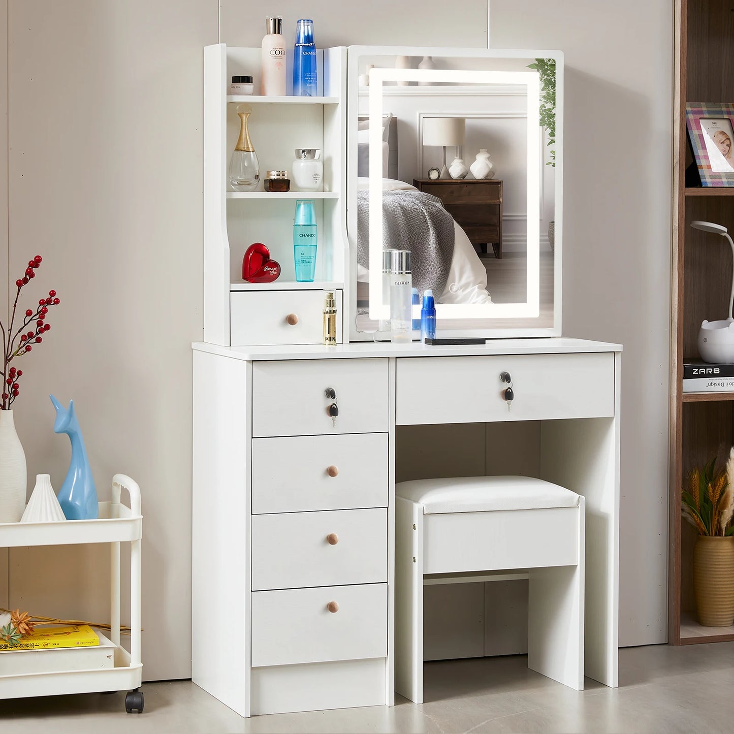 Teousev White Hollywood Vanity Set with Touch Control Dimmer LED Mirror 6 Drawers & Stool 3 Color Lighting Easy Assembly Bedroom