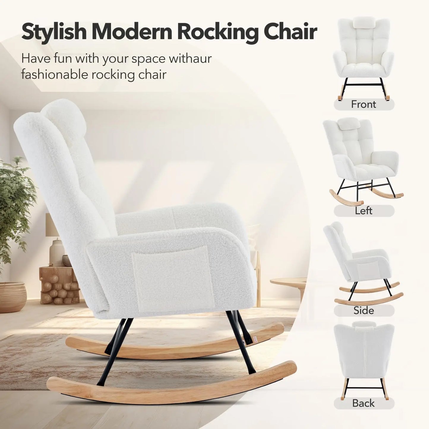 Nursery Rocking Chair Teddy Upholstered Glider Rocker Rocking Accent Chair Padded Seat with High Backrest Armchair Comfy SideCha