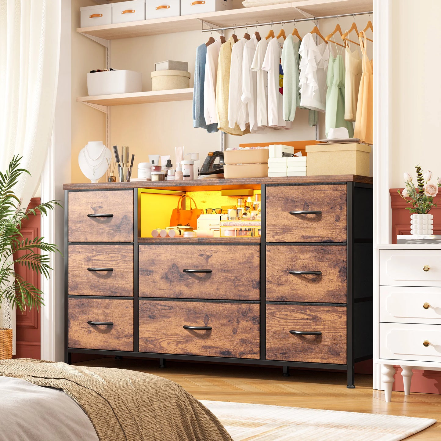 8-Drawer Media Dresser with LED Lighting & Built-in Charging Station - Fabric Storage Cabinet for 55" TVs, Ideal for Bedroom