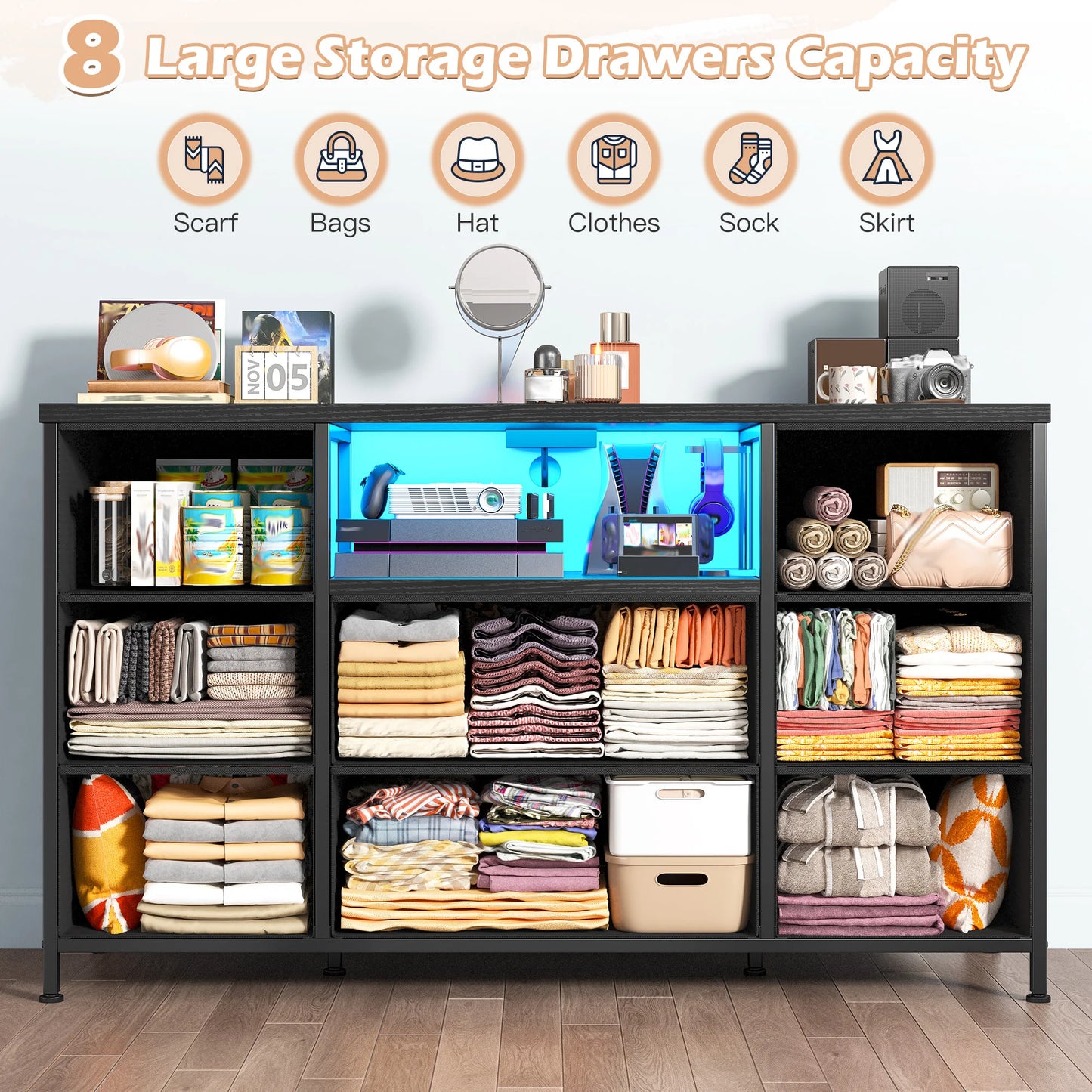 8-Drawer Media Dresser with LED Lighting & Built-in Charging Station - Fabric Storage Cabinet for 55" TVs, Ideal for Bedroom