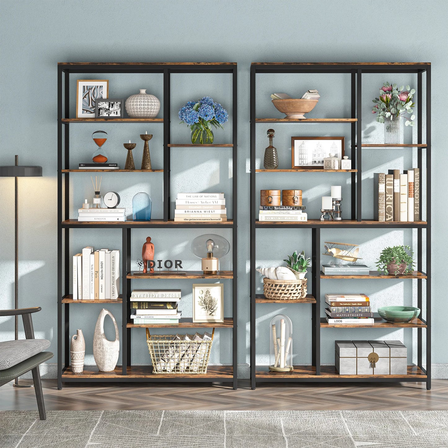 Tribesigns Modern 8-Tier Staggered Bookcase -, Wide Wood Etagere Shelving Unit