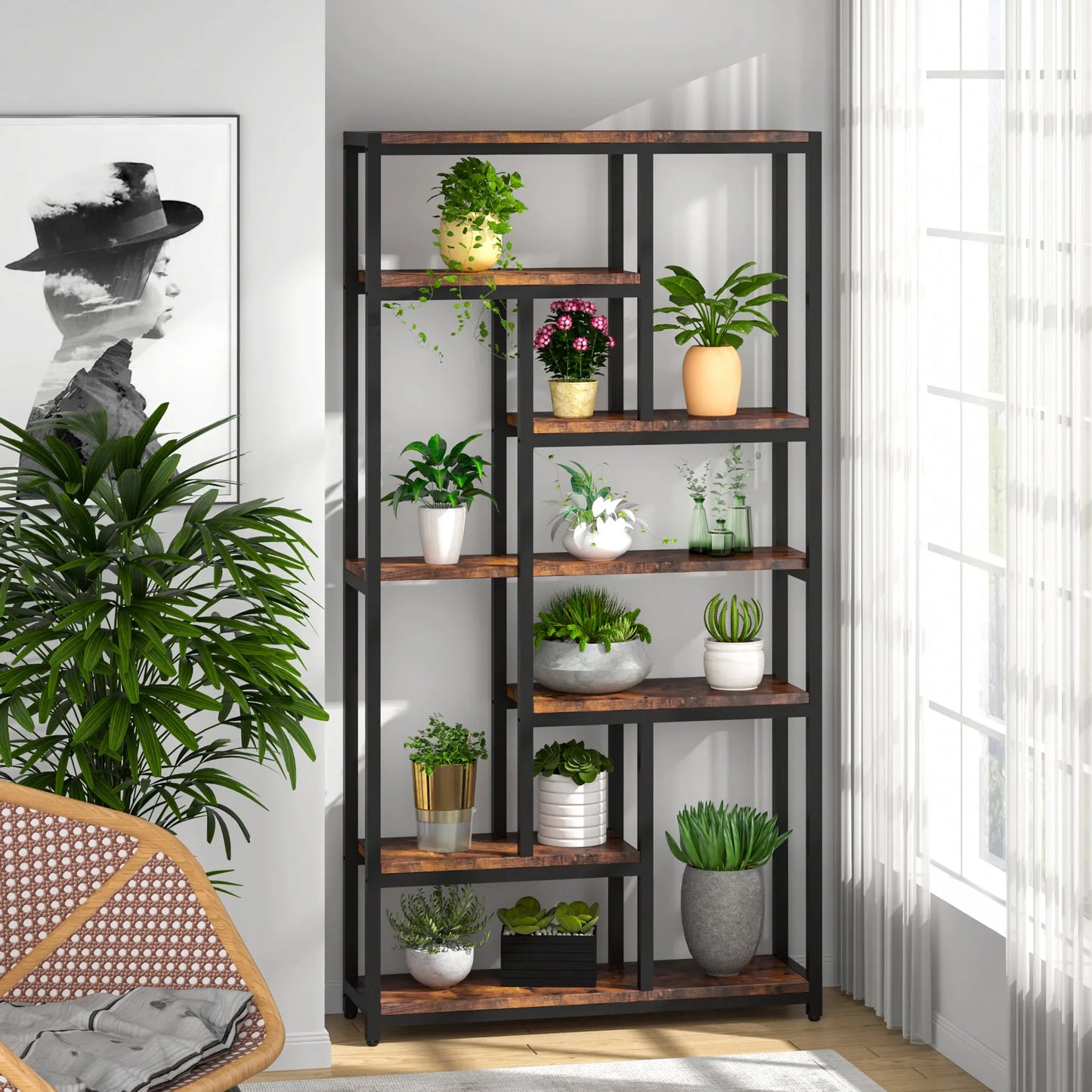 Tribesigns Modern 8-Tier Staggered Bookcase -, Wide Wood Etagere Shelving Unit
