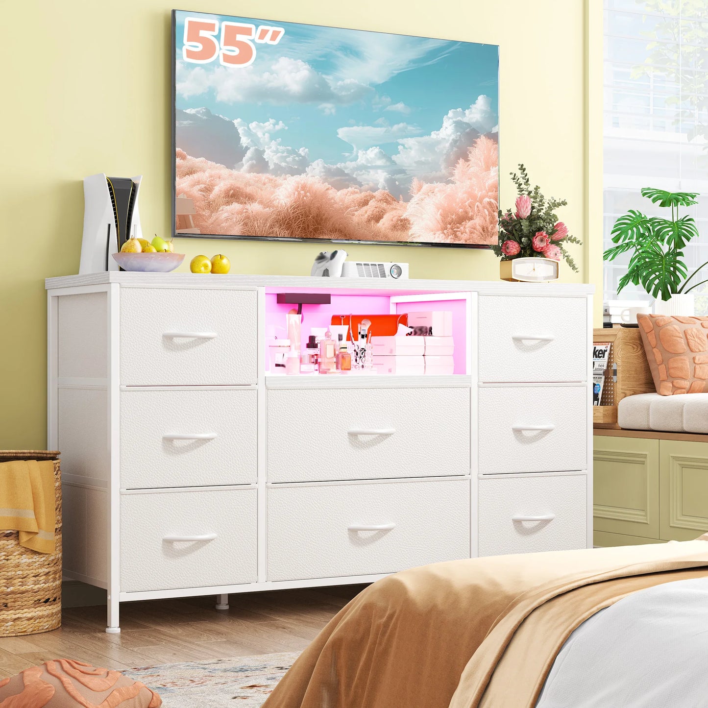 8-Drawer Media Dresser with LED Lighting & Built-in Charging Station - Fabric Storage Cabinet for 55" TVs, Ideal for Bedroom