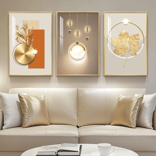 Modern Luxury Gold Wall Art, Set of 3 Piece Contemporary Paintings Artwork for Walls, Golden Prints Pictures with Gold Frame, Wa