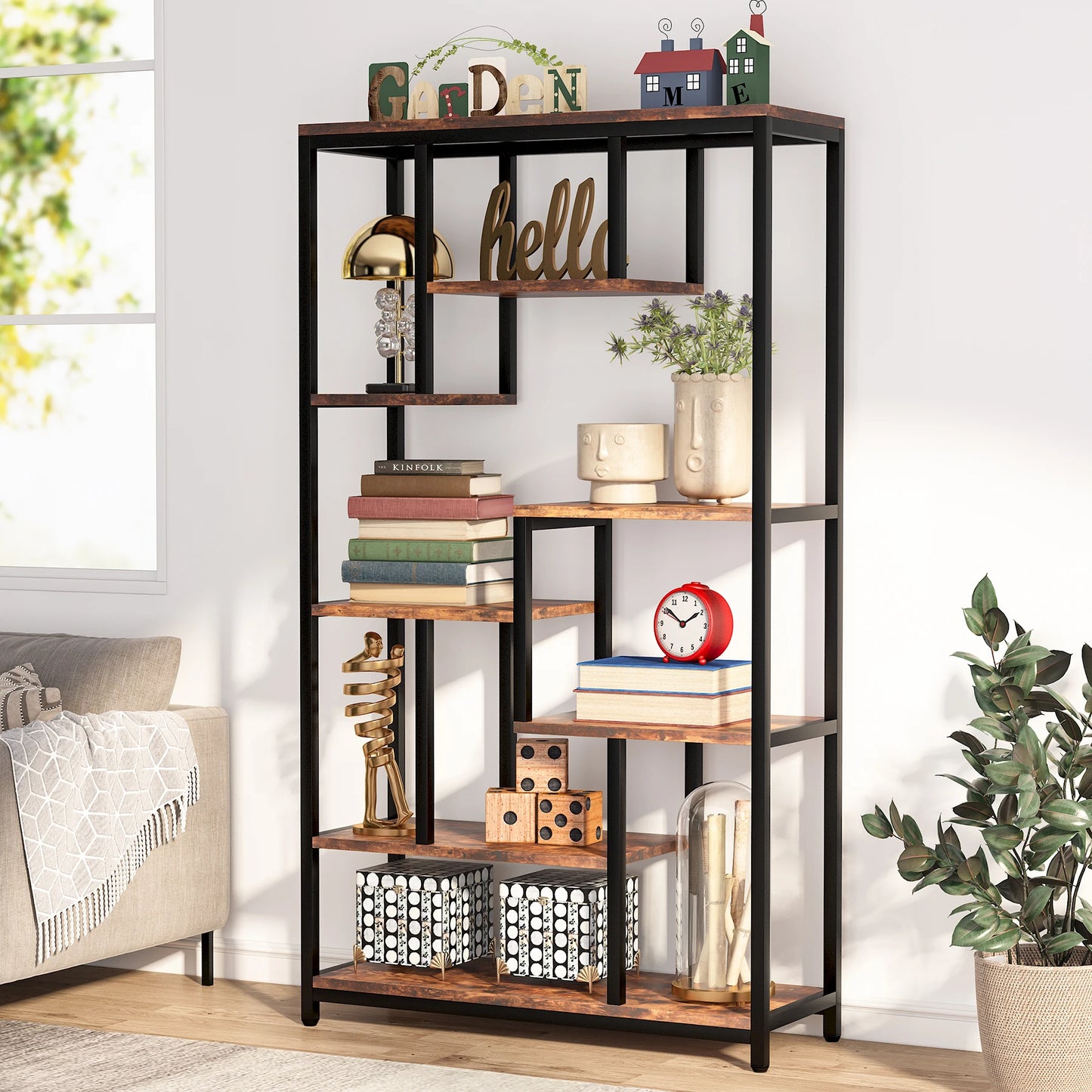 Tribesigns Modern 8-Tier Staggered Bookcase -, Wide Wood Etagere Shelving Unit