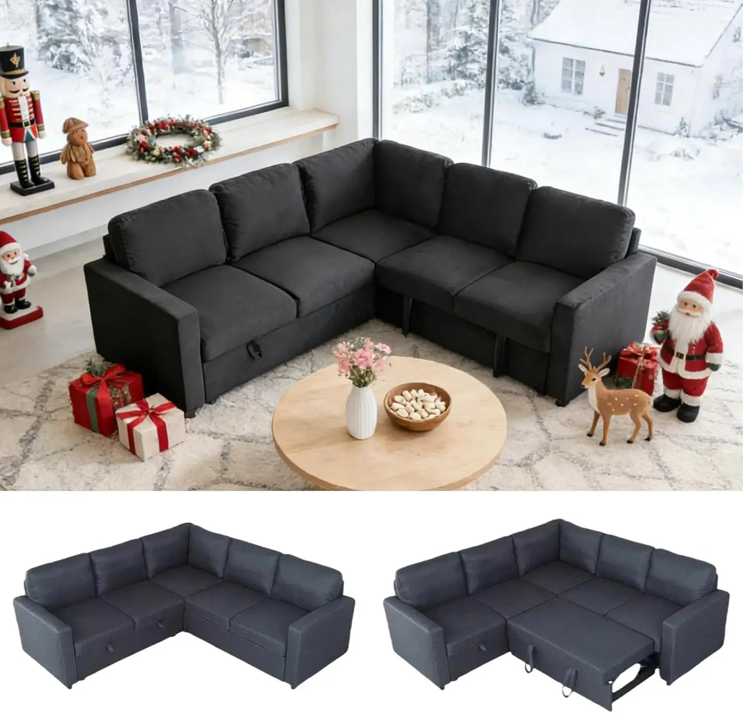 L-Shaped Sectional Sleeper Sofa with Pull-Out Bed & Storage Chaise, 5-Seat Convertible Couch for Apartment Living Room in Black