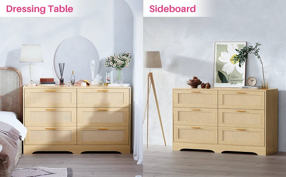 REDLIFE 47.24" Rattan Dresser with 6 Drawers ,Modern Chest Wood Storage Closet w/ Golden Handles for Bedroom Living Room Hallway