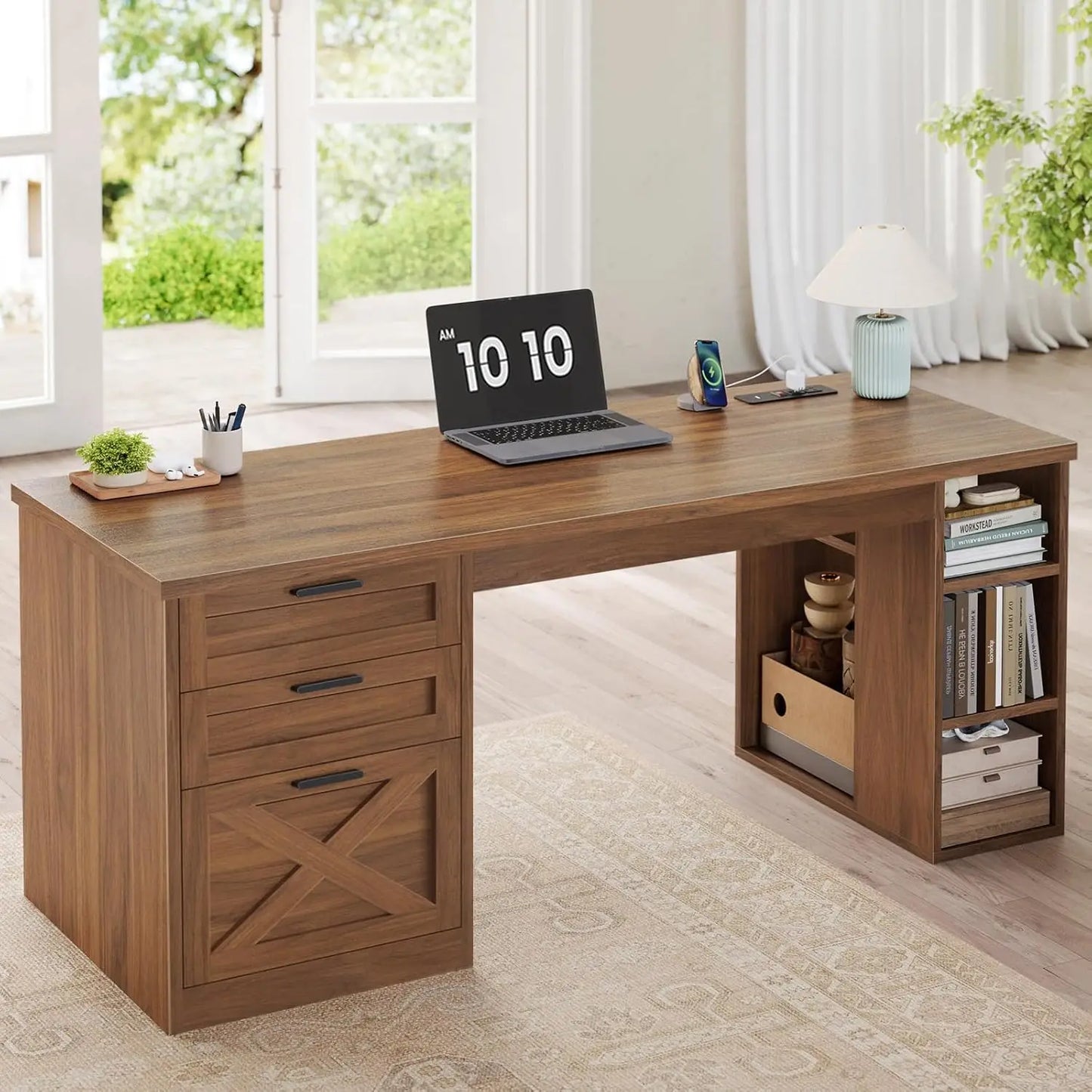 55.1" Executive Office Desk with 3 Drawers, Farmhouse Computer Desk with File Drawer & Storage Shelves, Home Office, Customized