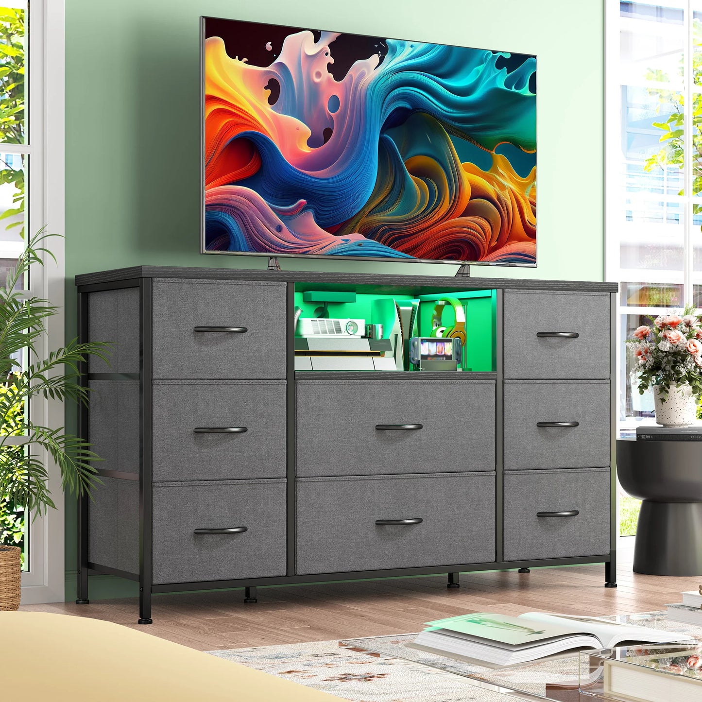 8-Drawer Media Dresser with LED Lighting & Built-in Charging Station - Fabric Storage Cabinet for 55" TVs, Ideal for Bedroom