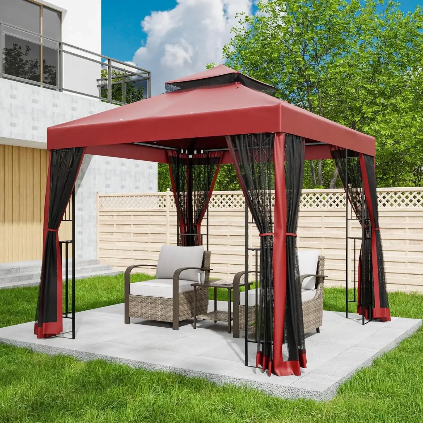 8x8 Patio Gazebo with Mesh Netting, Double Roof Outdoor Pavilion with Corner Shelves for Lawn, Deck, Garden and, Customized