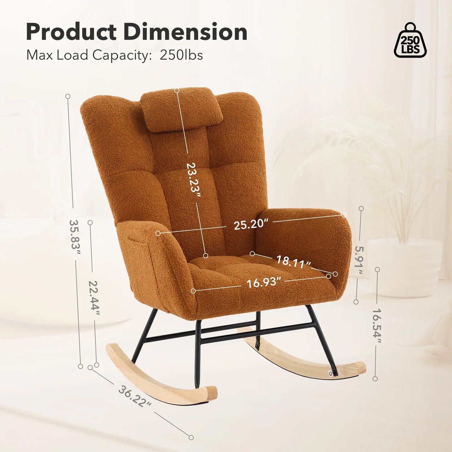 Nursery Rocking Chair Teddy Upholstered Glider Rocker Rocking Accent Chair Padded Seat with High Backrest Armchair Comfy SideCha