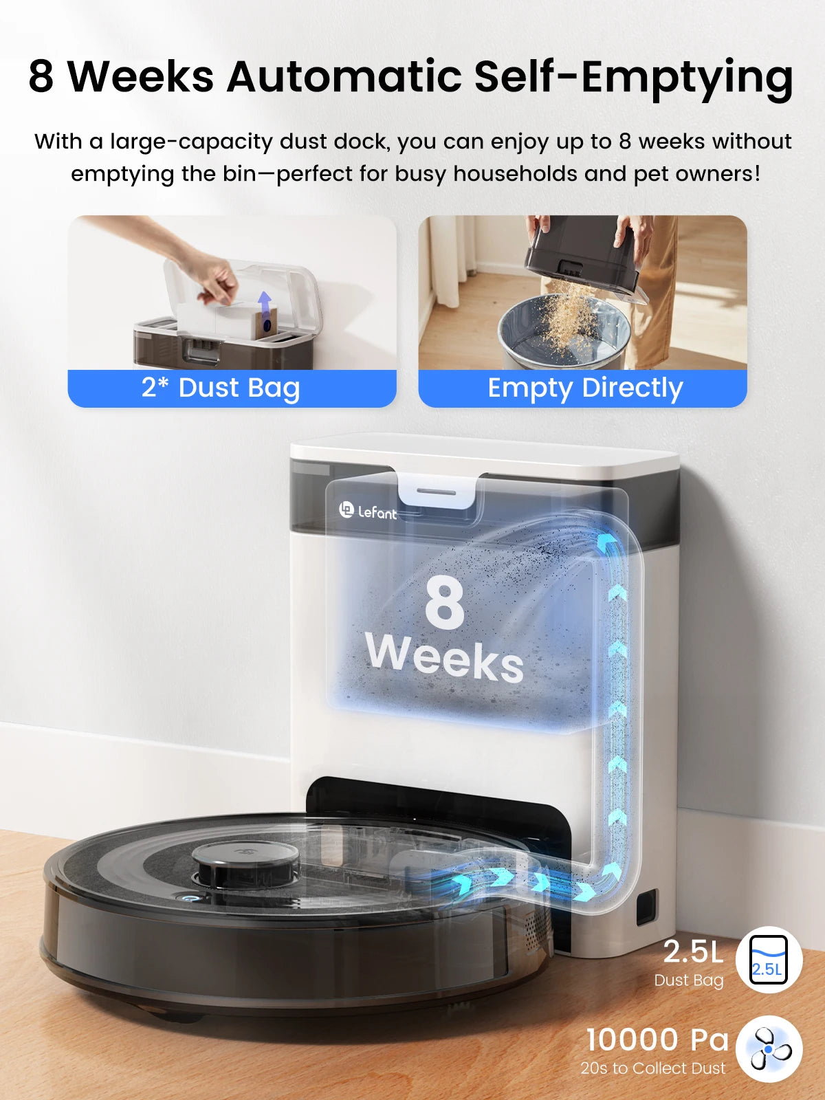Lefant  Robot Vacuum Cleaner with Automatic Emptying M2S Pro,10000Pa, 240 Minutes, Laser Navigation DTOF, Ideal for Pet Hair