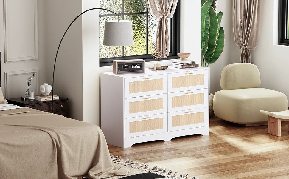 REDLIFE 47.24" Rattan Dresser with 6 Drawers ,Modern Chest Wood Storage Closet w/ Golden Handles for Bedroom Living Room Hallway