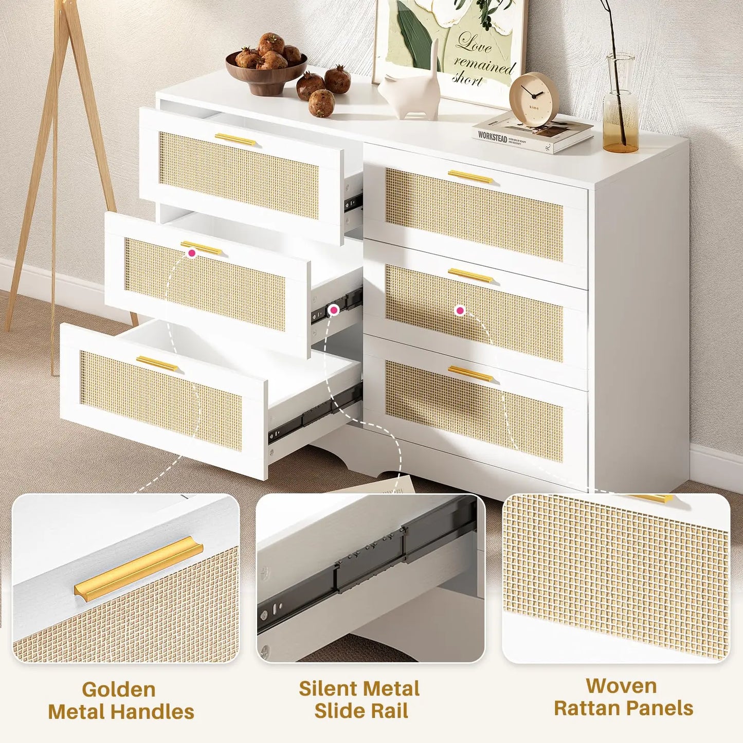 REDLIFE 47.24" Rattan Dresser with 6 Drawers ,Modern Chest Wood Storage Closet w/ Golden Handles for Bedroom Living Room Hallway
