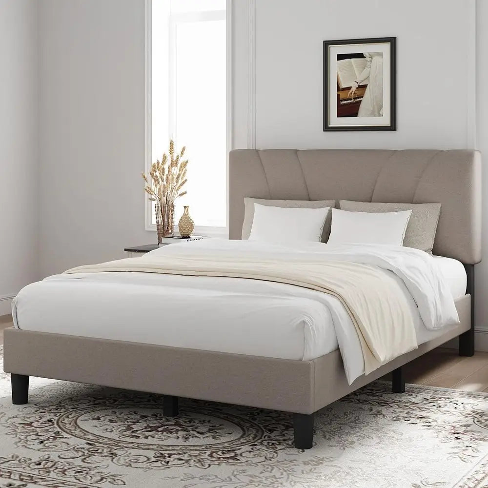 Queen Size Linen Upholstered Bed Frame with Wood Slats, Adjustable Headboard, No Box Spring Needed, Heavy Duty, Easy Assembly, B