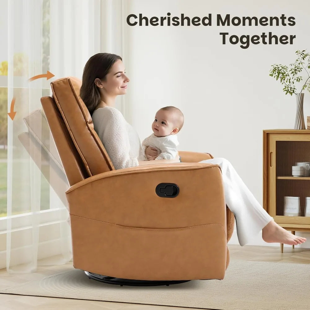 Leather Recliner Chair with 360° Swivel, Rocker Glider for Nursery, Living Room, Small Spaces - Brown