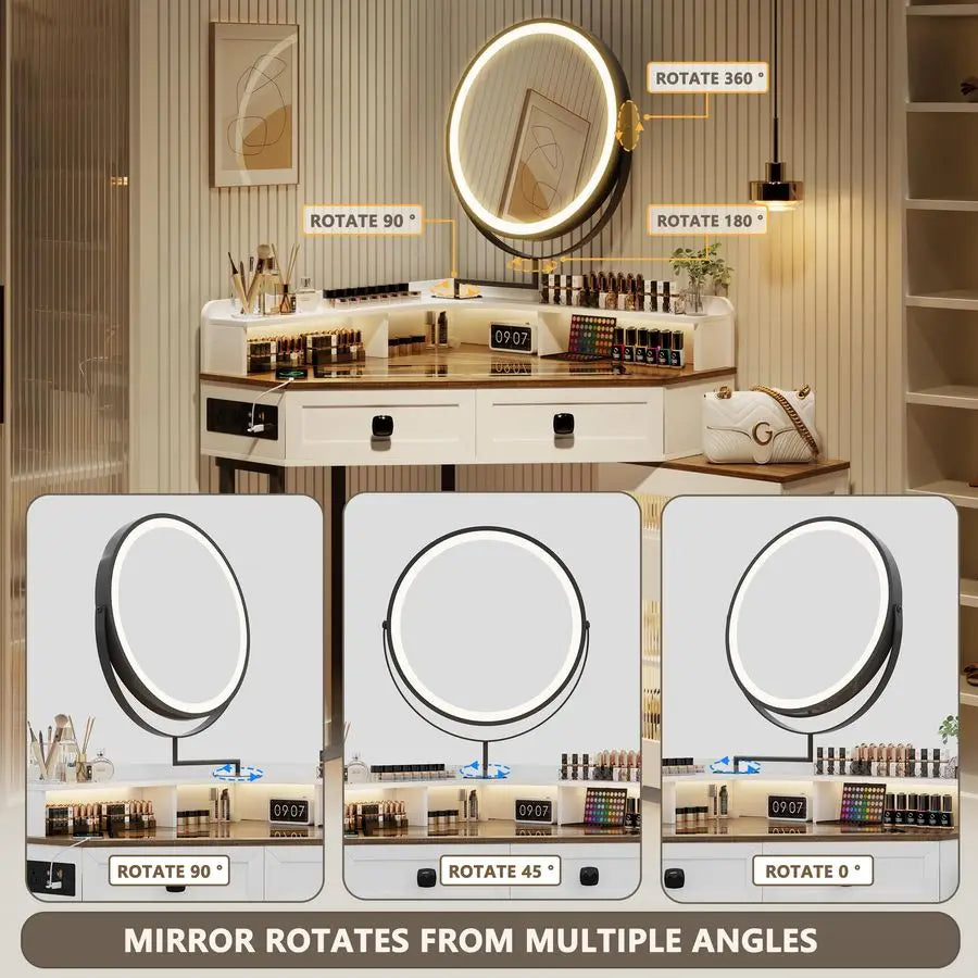 Corner Vanity with Mirror and Lights,Modern Makeup Vanity Set with Charging Station for Bedroom Cloakroom,Glass Top Vanity Table