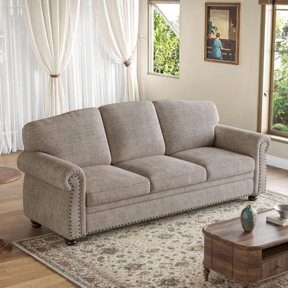 Nailhead Trim Couch for Living Room,Rolled Arm Sofa,Comfy Upholstered Chenille Couch w/Wooden Leg,Traditional Sofa,Customized