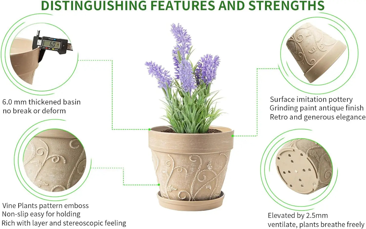 Pots Indoor with Drainage & Saucer, 7 inch Flower Pots Outdoor Planters for Indoor Plants Garden Home Decor