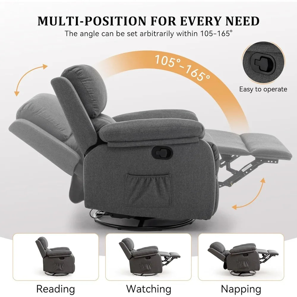 360 Swivel Rocker Recliner Chair for Adults, Small Space Fabric Glider with Tool-Free Assembly