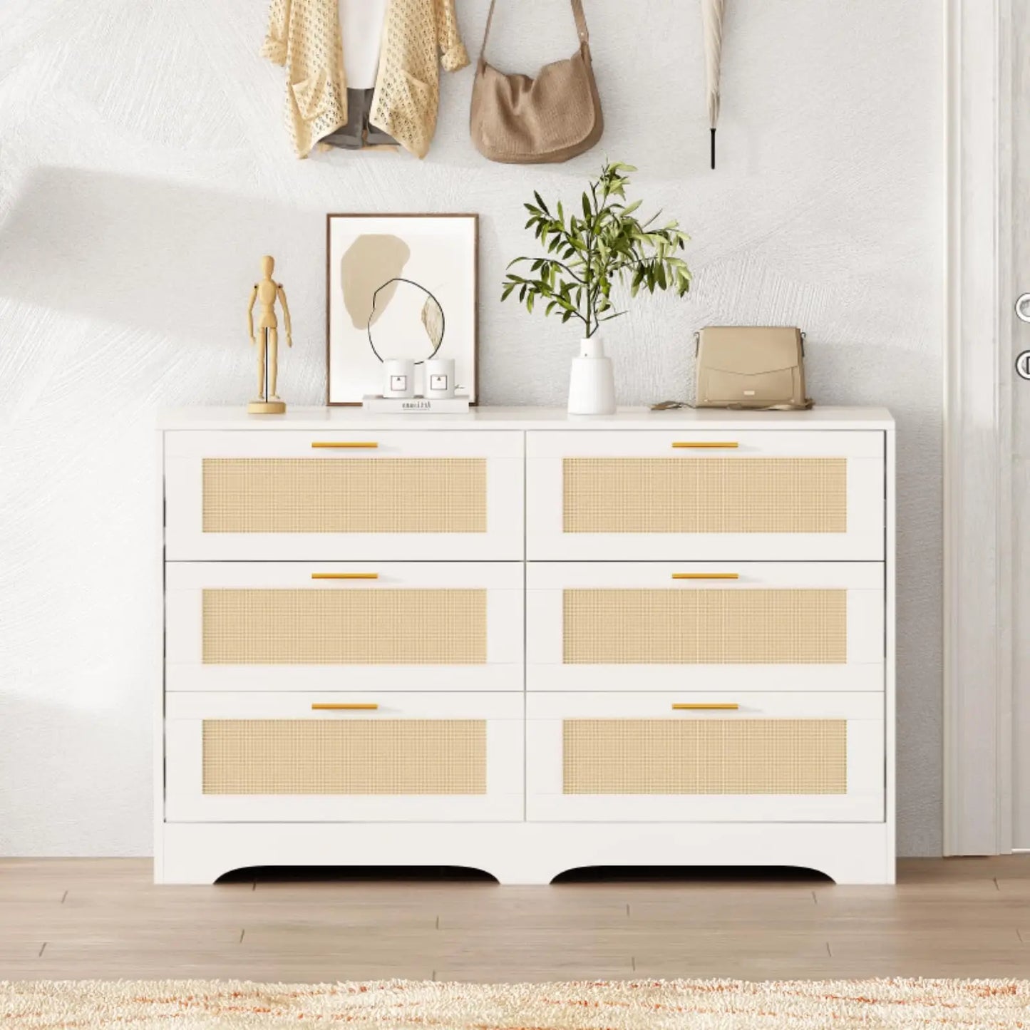 REDLIFE 47.24" Rattan Dresser with 6 Drawers ,Modern Chest Wood Storage Closet w/ Golden Handles for Bedroom Living Room Hallway
