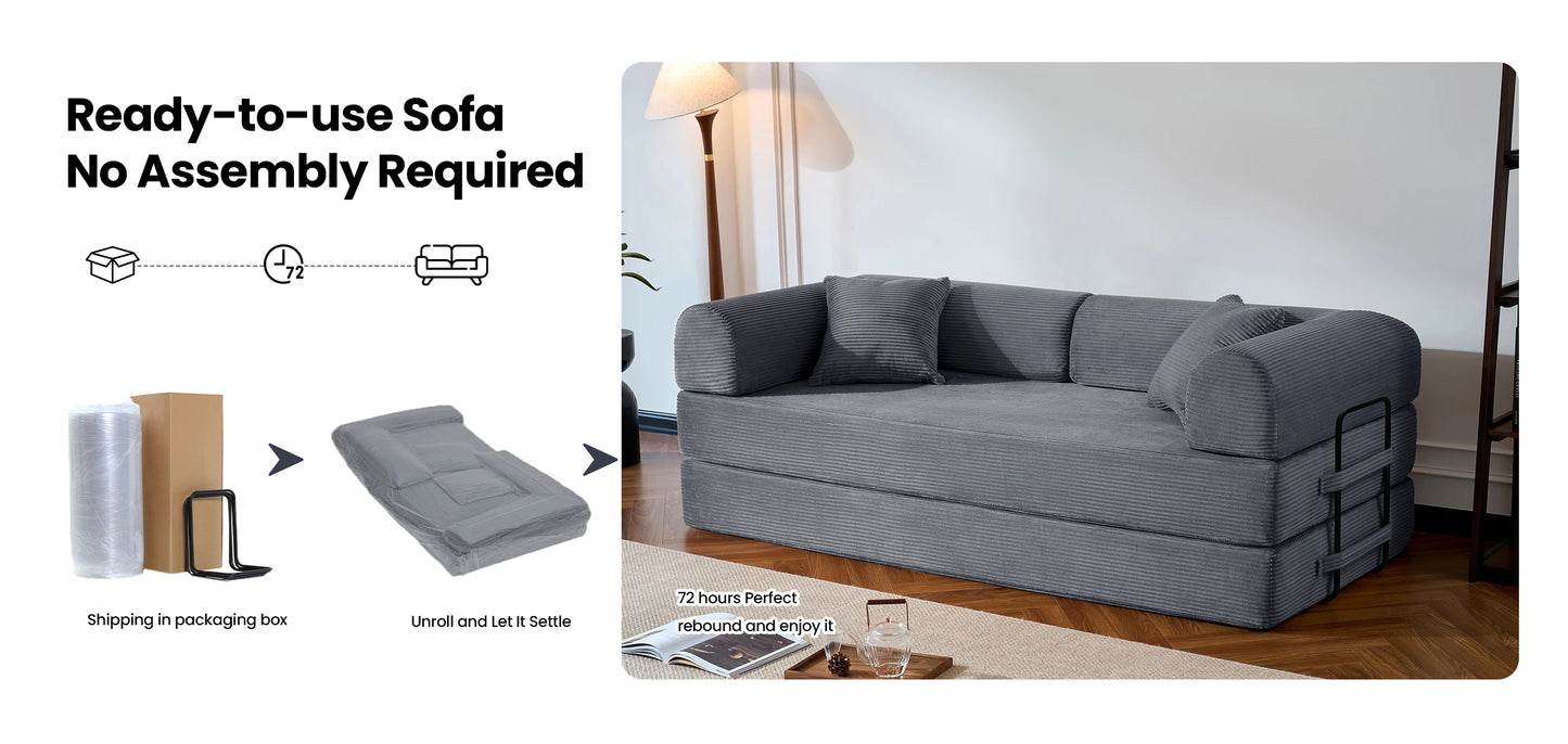 79’’ Folding Convertible Sofa Bed Corduroy Upholstered Boneless Couch, Loveseat Sleeper Floor Sofa for Living Room Bedroom