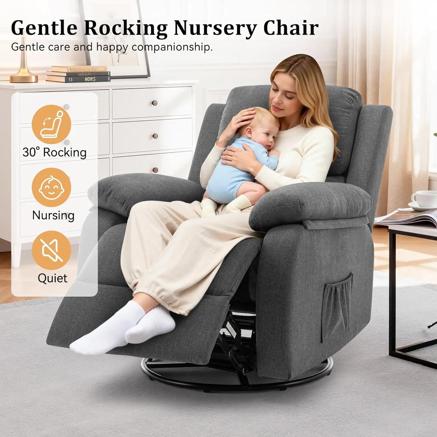 360 Swivel Rocker Recliner Chair for Adults, Small Space Fabric Glider with Tool-Free Assembly