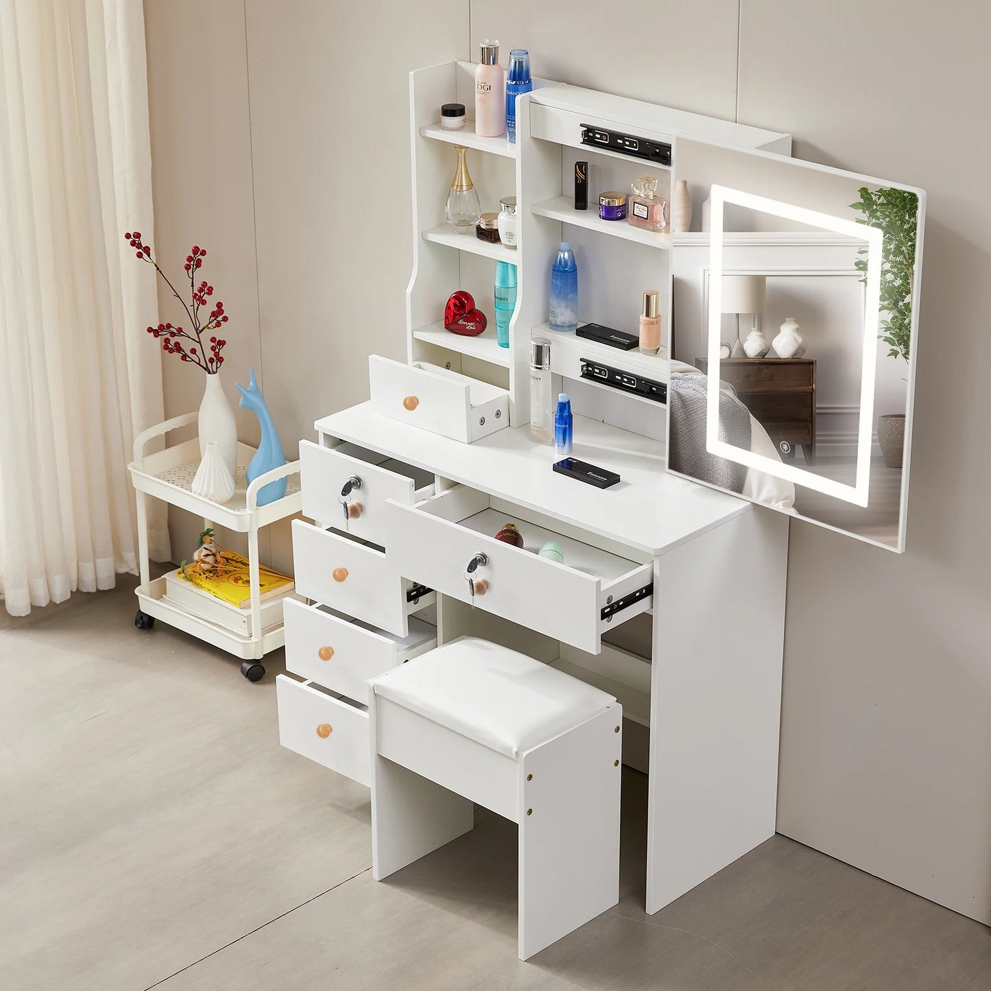 Teousev White Hollywood Vanity Set with Touch Control Dimmer LED Mirror 6 Drawers & Stool 3 Color Lighting Easy Assembly Bedroom
