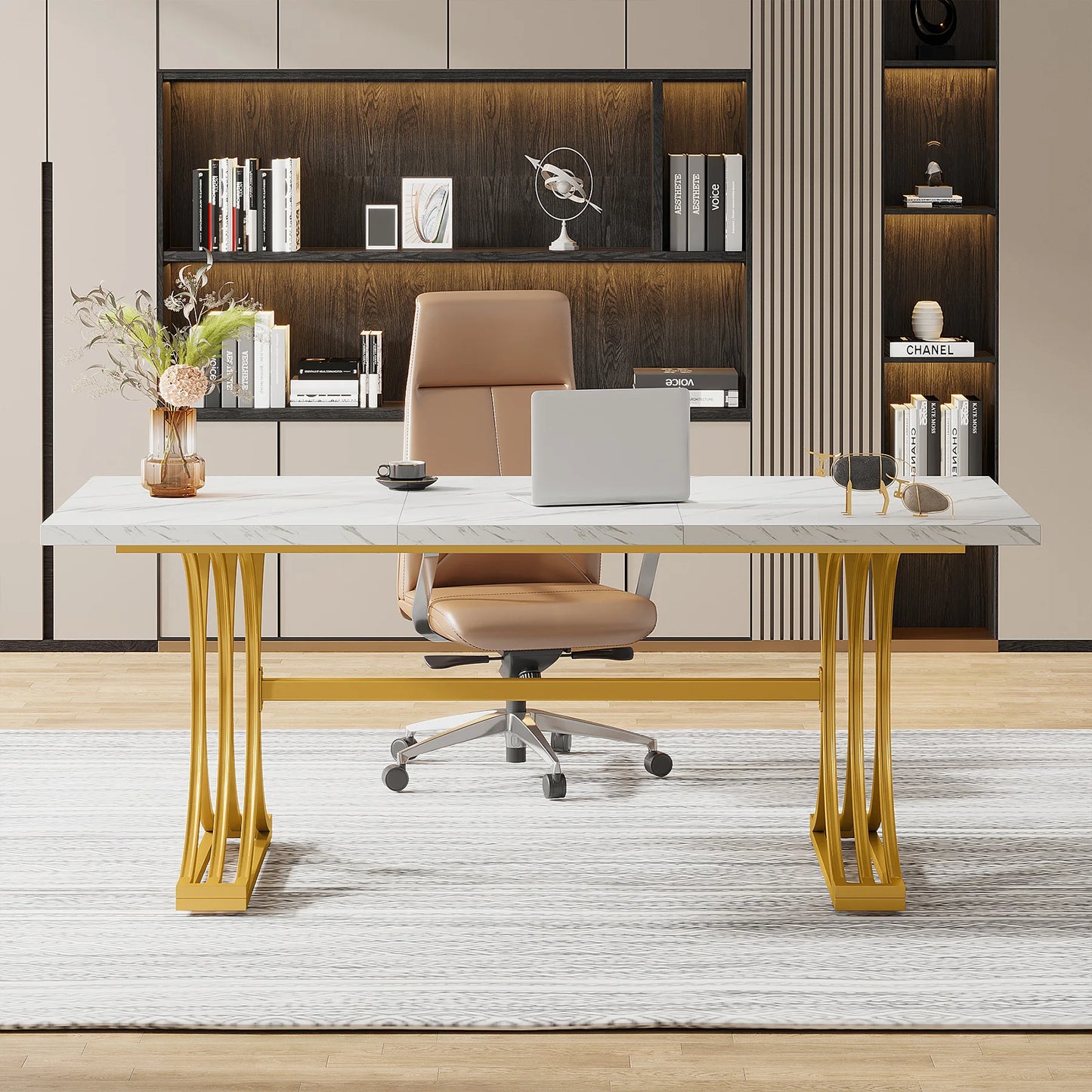 Tribesigns Modern Office Desk, 70.9" Wooden Computer Desk,Executive Desk with Gold Metal Legs, Large Workstation Home Office