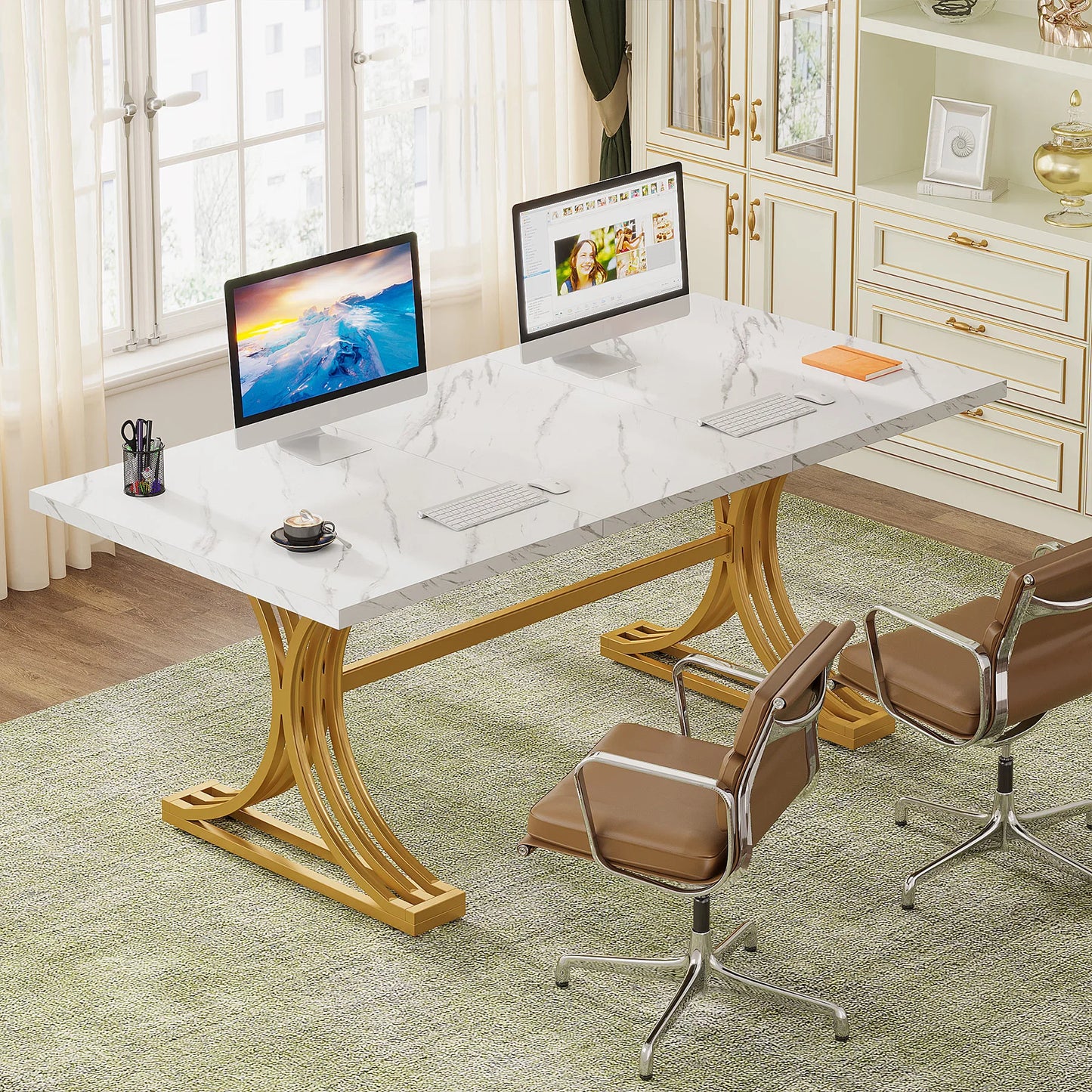 Tribesigns Modern Office Desk, 70.9" Wooden Computer Desk,Executive Desk with Gold Metal Legs, Large Workstation Home Office