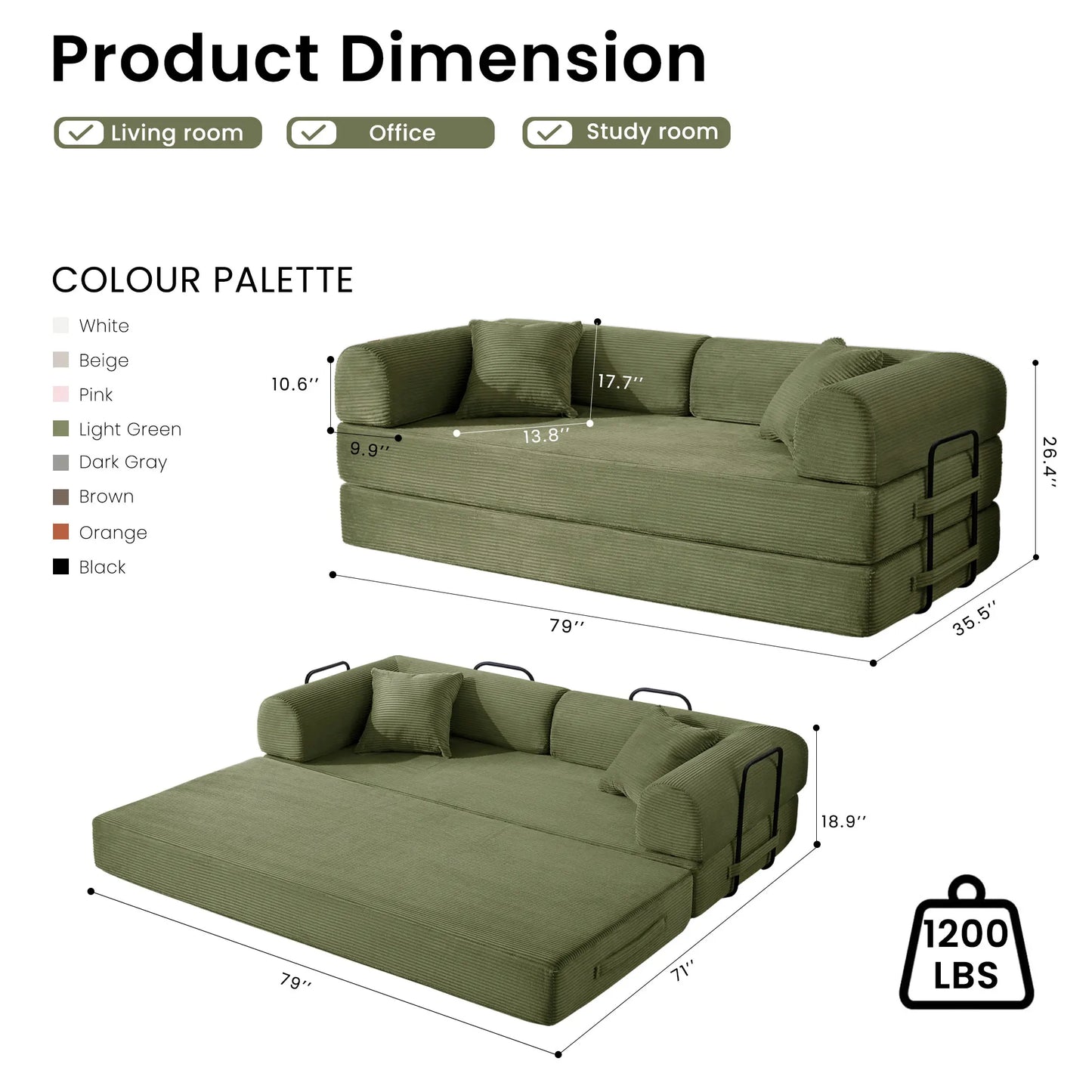 79’’ Folding Convertible Sofa Bed Corduroy Upholstered Boneless Couch, Loveseat Sleeper Floor Sofa for Living Room Bedroom