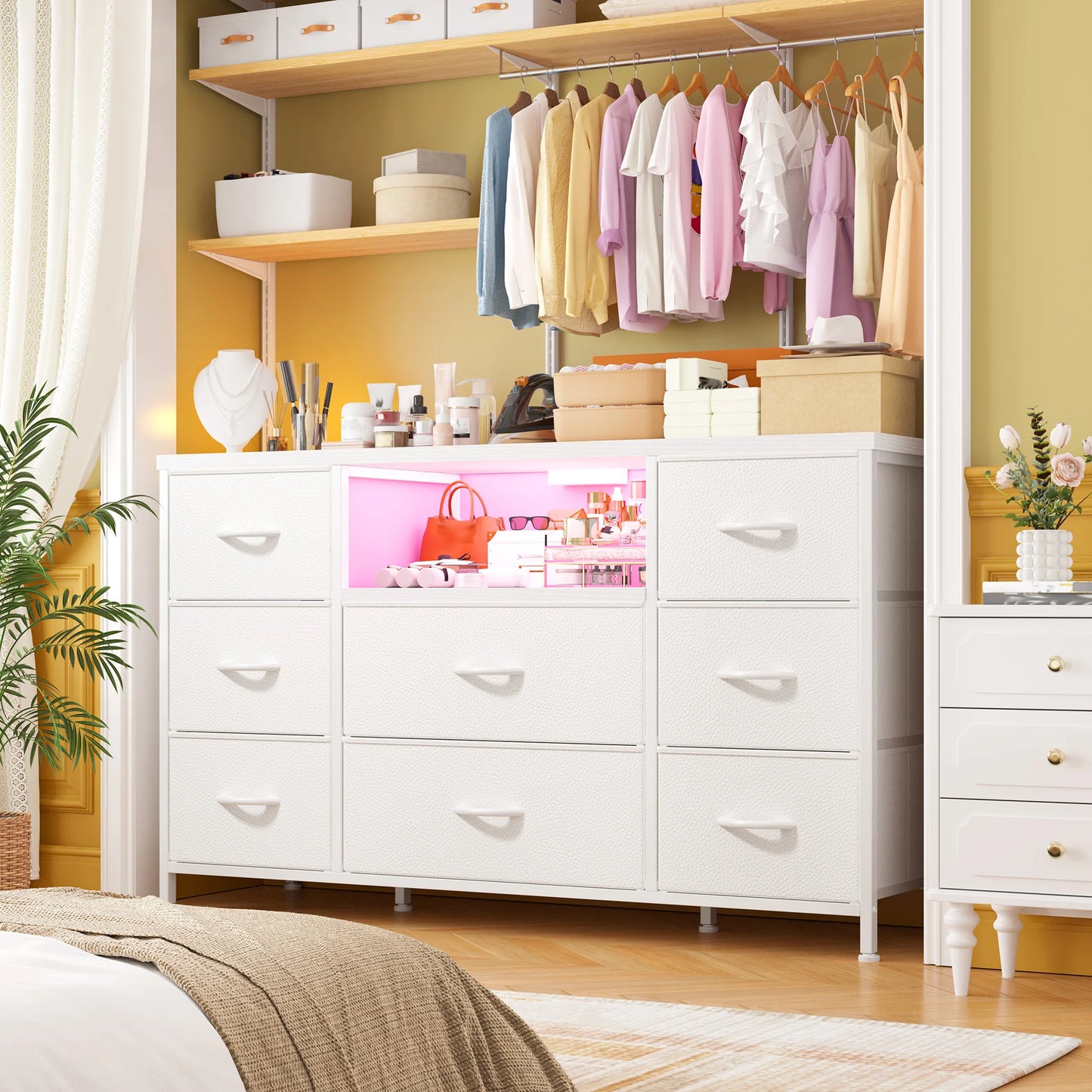 8-Drawer Media Dresser with LED Lighting & Built-in Charging Station - Fabric Storage Cabinet for 55" TVs, Ideal for Bedroom