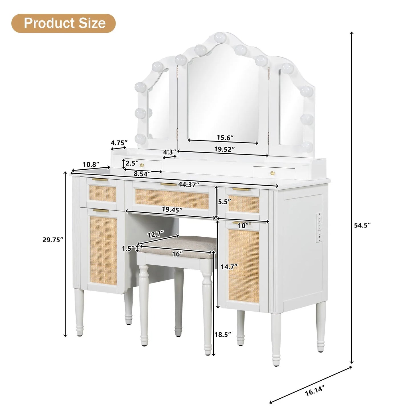 44" Makeup Vanity Desk w/13 Hollywood Bulbs &3 Lighting Modes Dressing Table