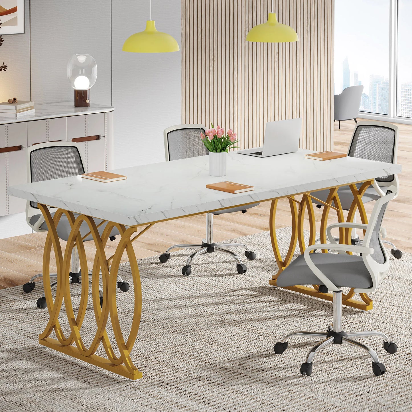 Tribesigns Modern Office Desk, 70.9" Wooden Computer Desk,Executive Desk with Gold Metal Legs, Large Workstation Home Office