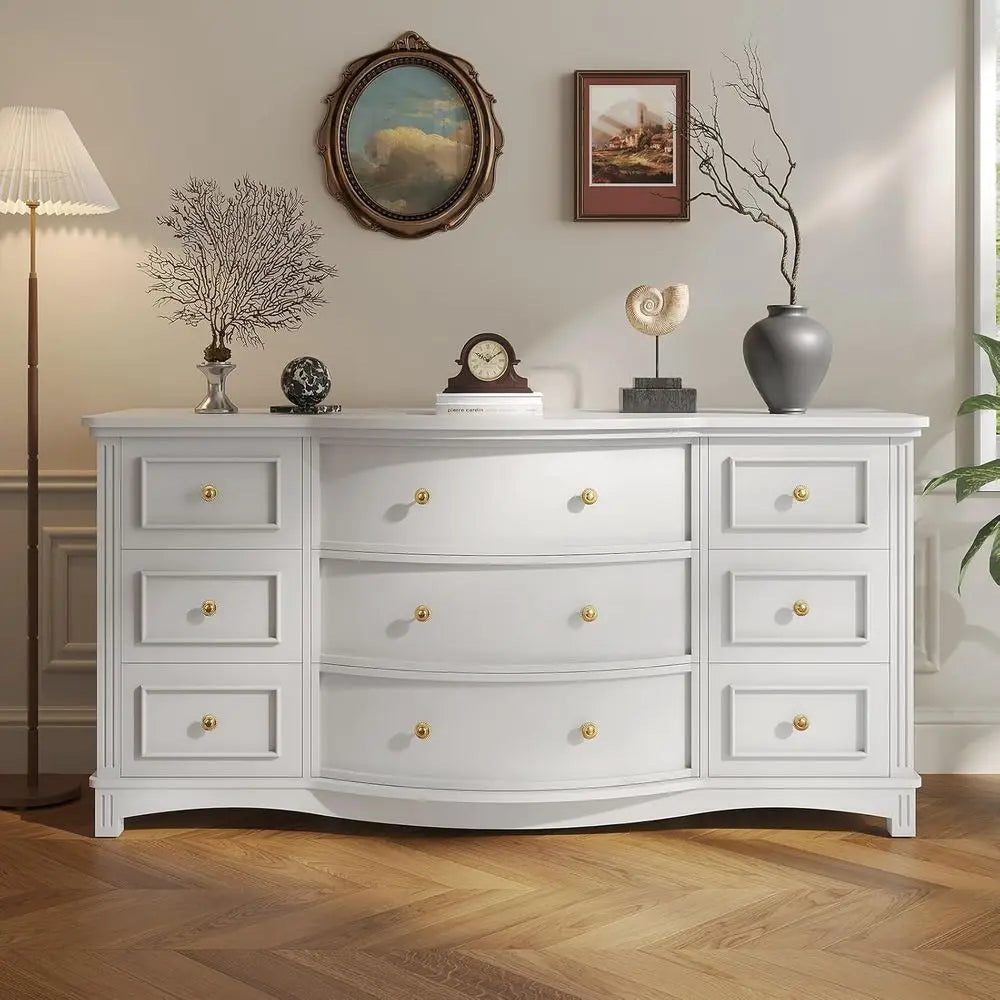 9-Drawer Wide Dresser with 3 Arc Fronts, Roman Columns, White, 55 Long for Bedroom Storage