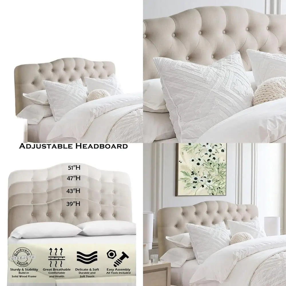 King-Size Classic Beige Linen Upholstered Adjustable Height Bed with Button Tufted Headboard