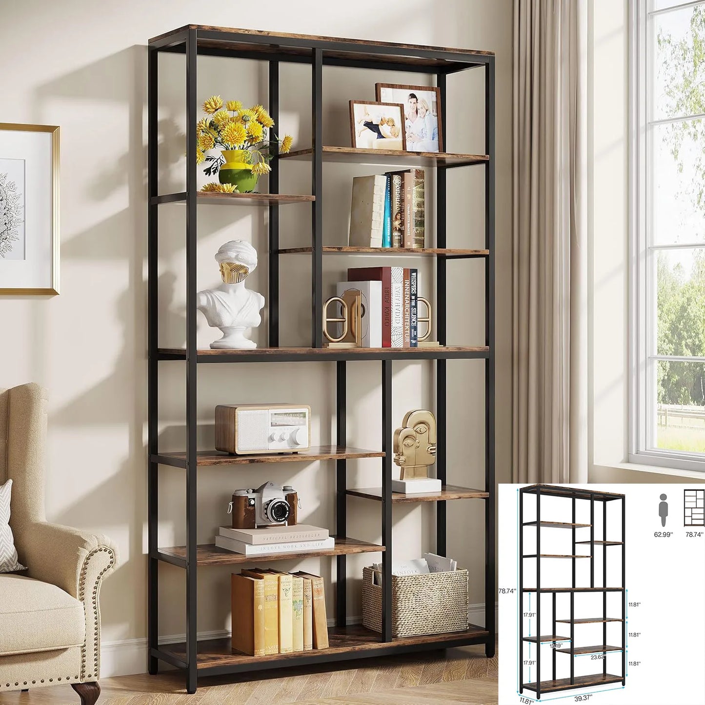 Bookshelf, Industrial 5-Tier Etagere Bookcase, 70.8 inch Tall Bookshelf , Book Shelf Display Tack Shelving Unit