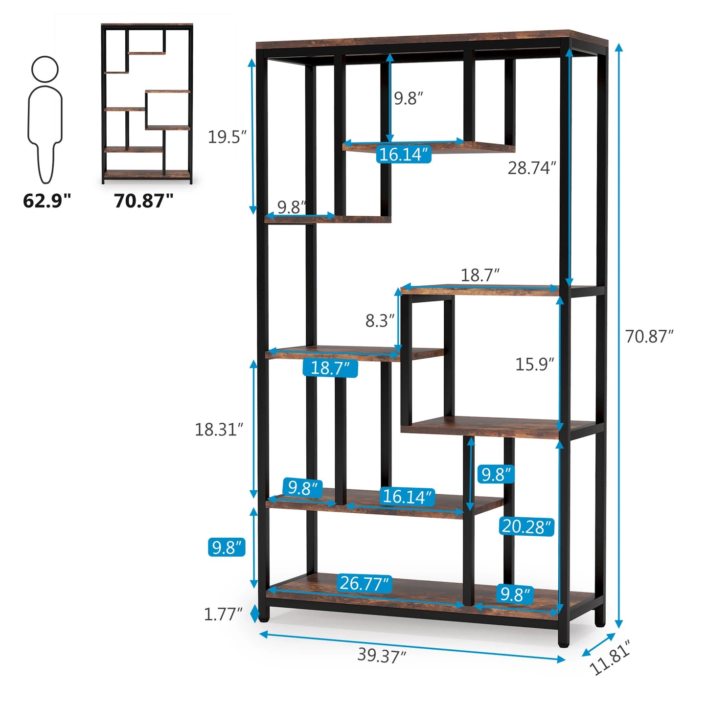 Tribesigns Modern 8-Tier Staggered Bookcase -, Wide Wood Etagere Shelving Unit