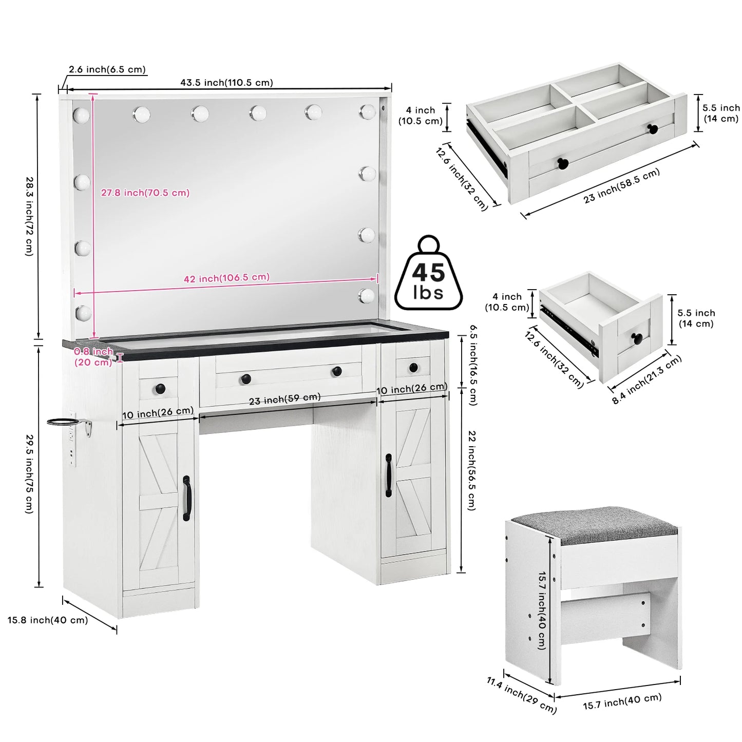 Farmhouse Vanity Desk w/ Lighted Mirror Hollywood Makeup Desk w/ 3 Drawers & 2 Cabinets 43" Dressing Vanity Table Stool Included