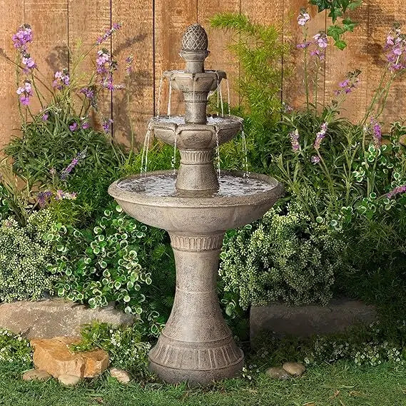 Louvre Italian Style 3 Tier Outdoor Floor Water Fountain with Light LED 44" High Gray Faux Stone Resin for Garden Patio Backyard