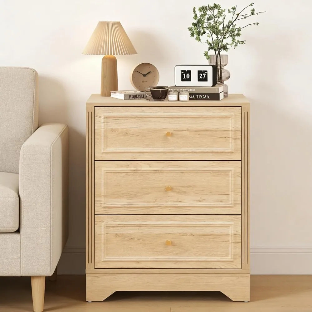 Nightstand Set of 2, Wooden 3-Drawer Bedside Table with Carved Sides, 23-inch Wide End Table with Stable Base, Small，Customized