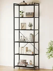 Book Shelf, 6 Tier Tall Bookshelf, Modern Wood Bookcase Shelves for Bedroom, Industrial Display Shelf for Living Room Home Offi