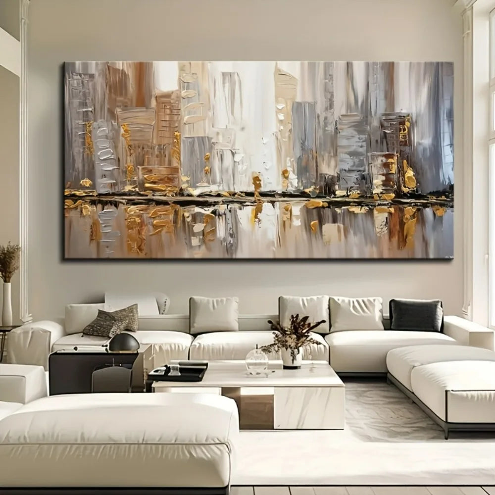 Large modern abstract oil painting, 1.5 inch thick pine frame - elegant Art Deco style - neutral tones with gold accents