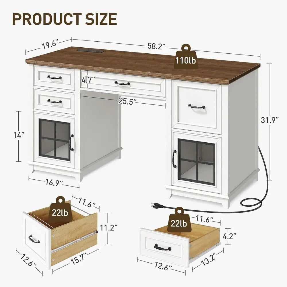 58" Farmhouse Executive Desk, Farmhouse Computer Desk with Drawers & File Cabinet, Wooden Home Office Desk with，Customized