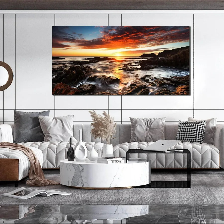 Large Natural Landscape Canvas Wall Art for Living Room, View of Ocean Sunset Panorama Wall-Decor Picture,59x29 Inches