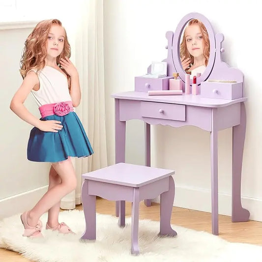 Kids' Vanity Set with Mirror, Makeup Table and Stool for Girls, Vanity Desk and Chair with Wood Makeup Playset for 4-9 Girls
