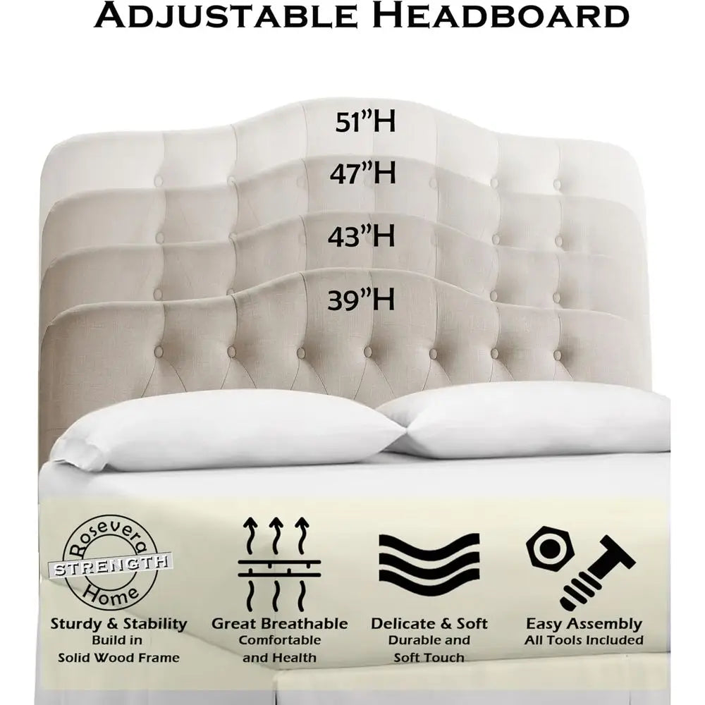 King-Size Classic Beige Linen Upholstered Adjustable Height Bed with Button Tufted Headboard