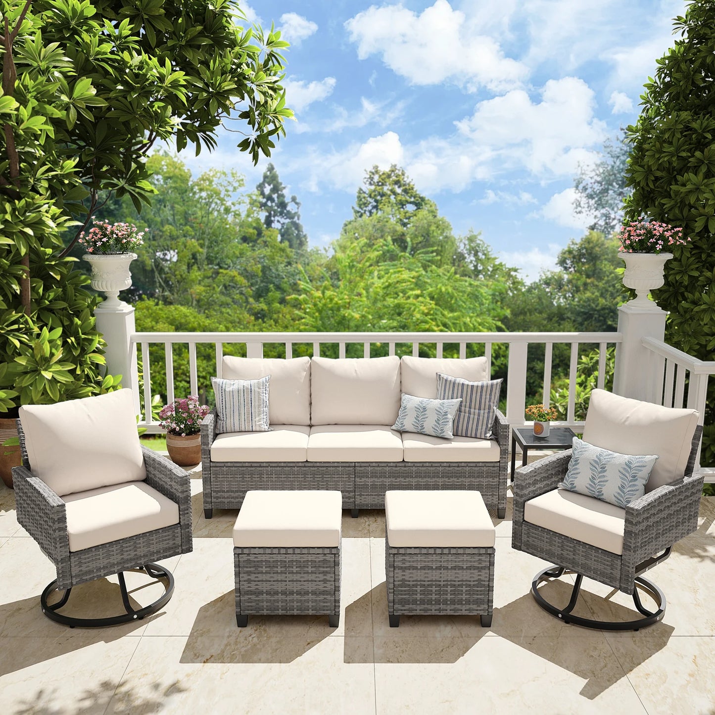 6 Pcs Wicker Patio Furniture Set, Outdoor Swivel Chairs, 3-Seat Sofa, Ottoman & Tempered Glass Side Table, All-Weather Conversat