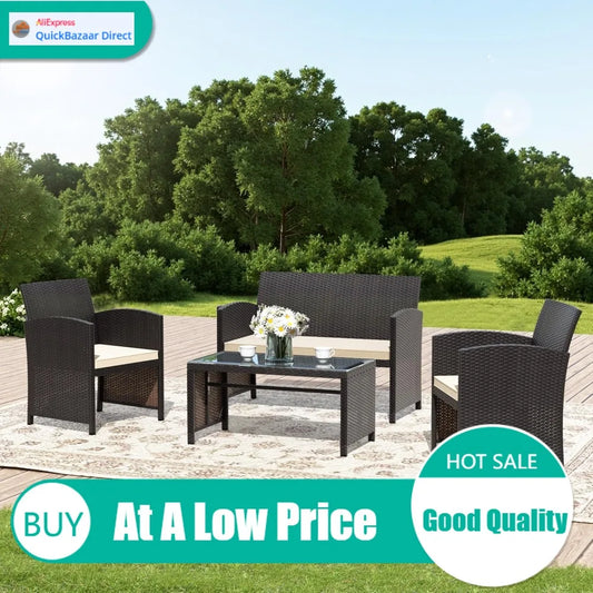 Premium 4-piece patio furniture set, wicker conversation set with 2 rattan chairs 1 loveseat 1 coffee table removable seat cushi