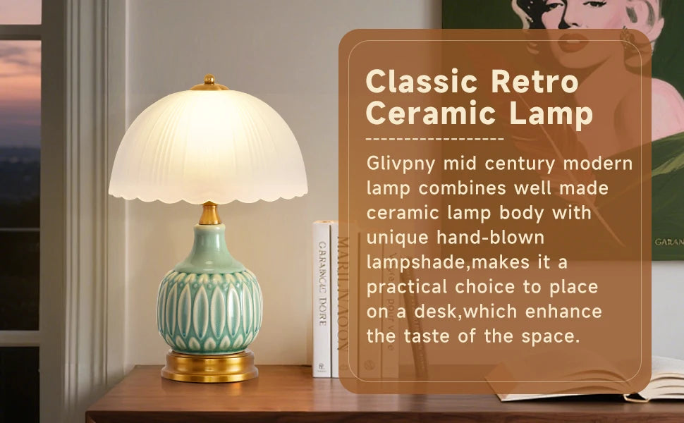 Vintage Lamp for Living Room,16" Modern Ceramic Table Lamps for Bedroom,Retro Bedside Nightstand Traditional Lamps,Classic Chino
